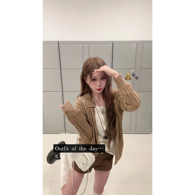 韩系高级感宽松慵懒麻花长袖针织时尚2025秋冬开衫显瘦百搭短裤