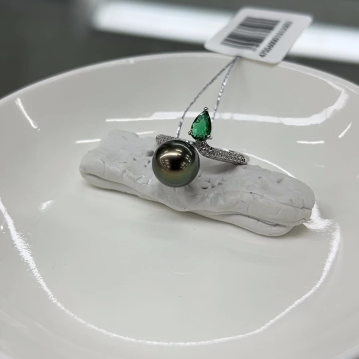 银S925镶嵌大溪地戒指9-10mm海水珍珠