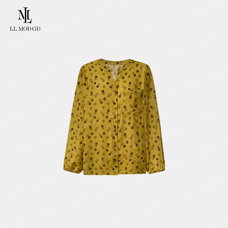 浪漫不羁  复古文艺波点防晒减龄单排扣亚麻修身衬衫女YL-262088