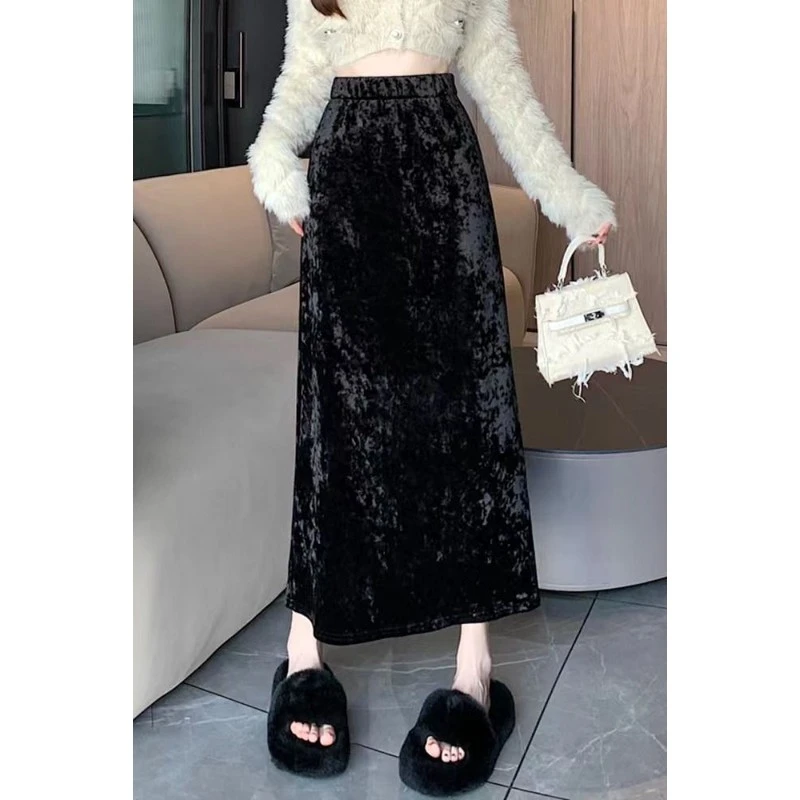 金丝绒半身裙女秋冬加绒加厚显瘦高腰包臀A字裙后开叉直筒一步裙