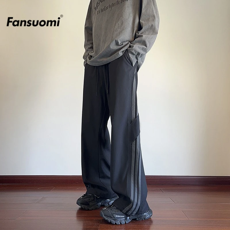 范索米休闲长裤男百搭拼色条纹工装时尚宽松潮牌直筒宽松运动裤子