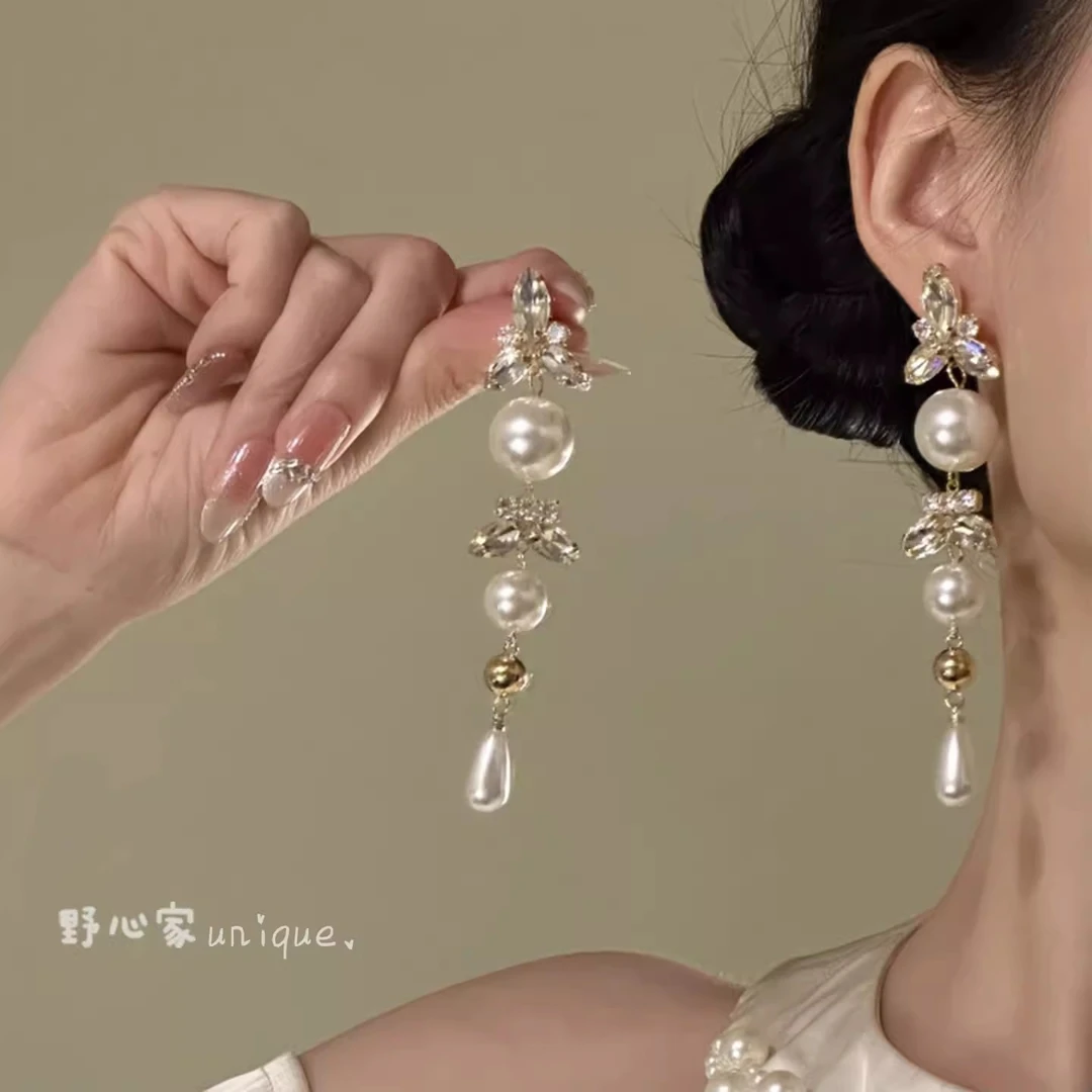 非金属仿珍珠耳饰 【皎洁皓月】精致千金感闪锆珍珠耳钉晚礼服耳环