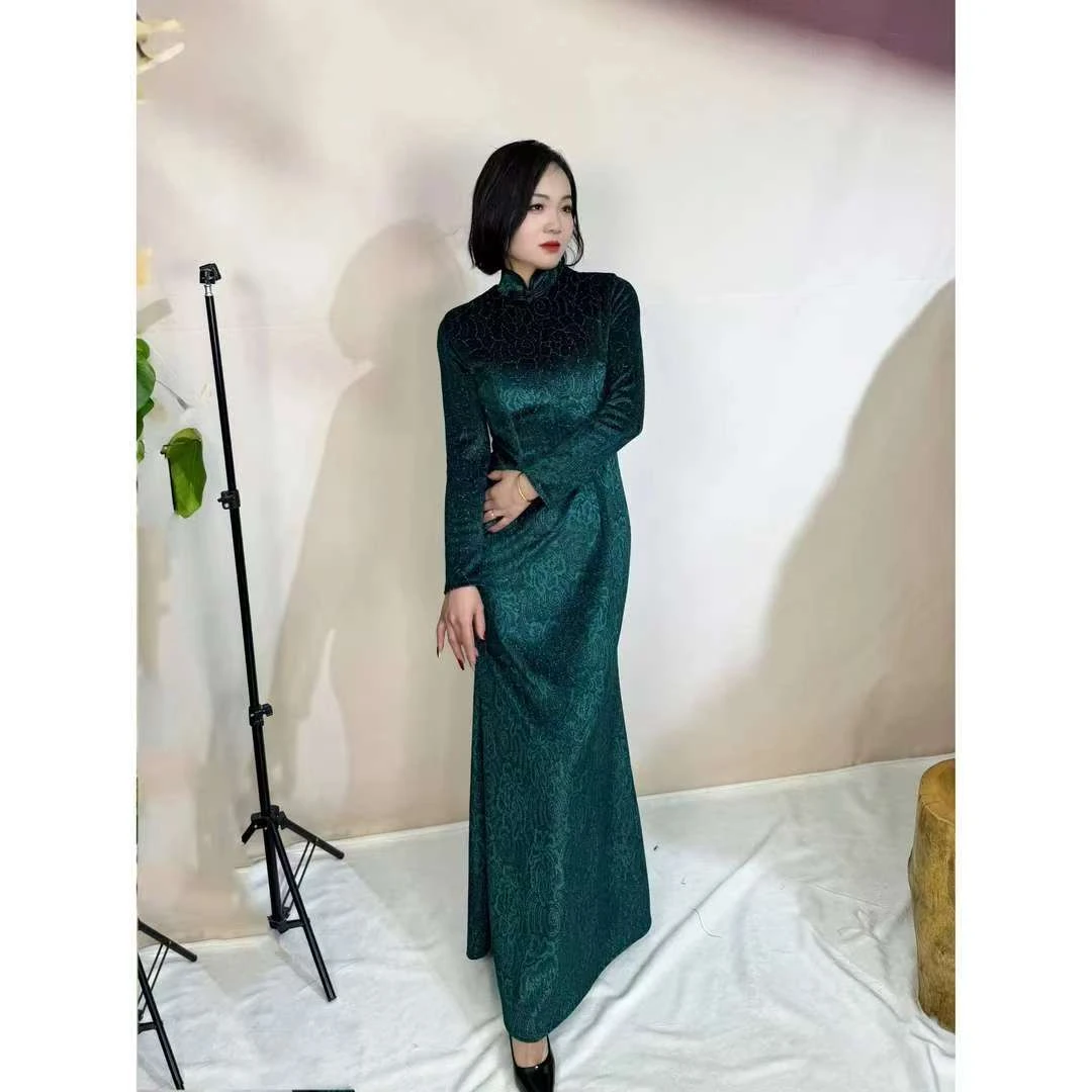 编码2505 春季新款蓝色复古国风时尚优雅气质鱼尾裙