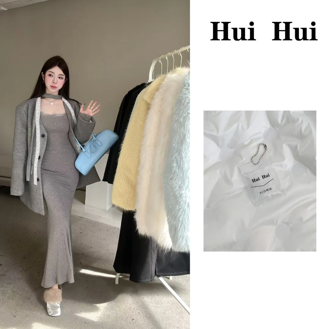 【HuiHui】东大门白鸭绒毛呢西装外套V领单排扣围脖拼蕾丝（A1272）