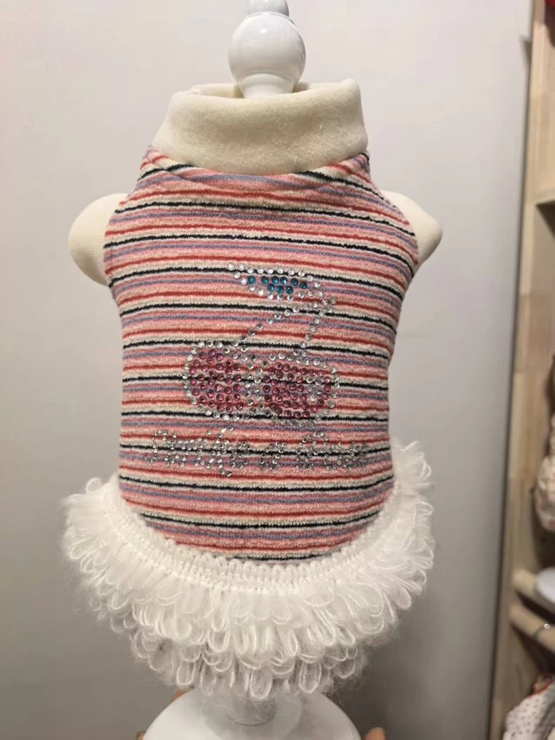 新款冬亮色条纹加绒加厚舒适可爱宠物狗狗猫咪保暖连衣裙