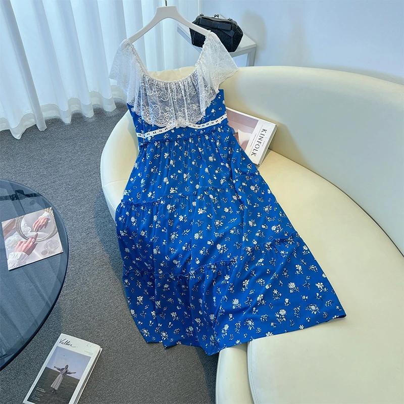 【66824】130-350斤大码女装胖mm碎花连衣裙蕾丝拼接蛋糕裙夏季新款