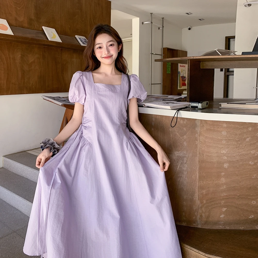 高级感气质方领泡泡袖休闲茶歇裙2025年夏季韩版时尚显瘦连衣裙女