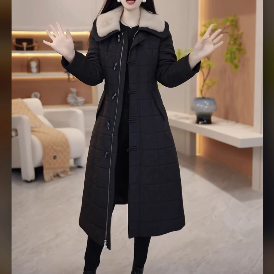 【夹棉大衣+连衣裙】2025冬季新款时尚洋气百搭优雅夹棉修身两件套