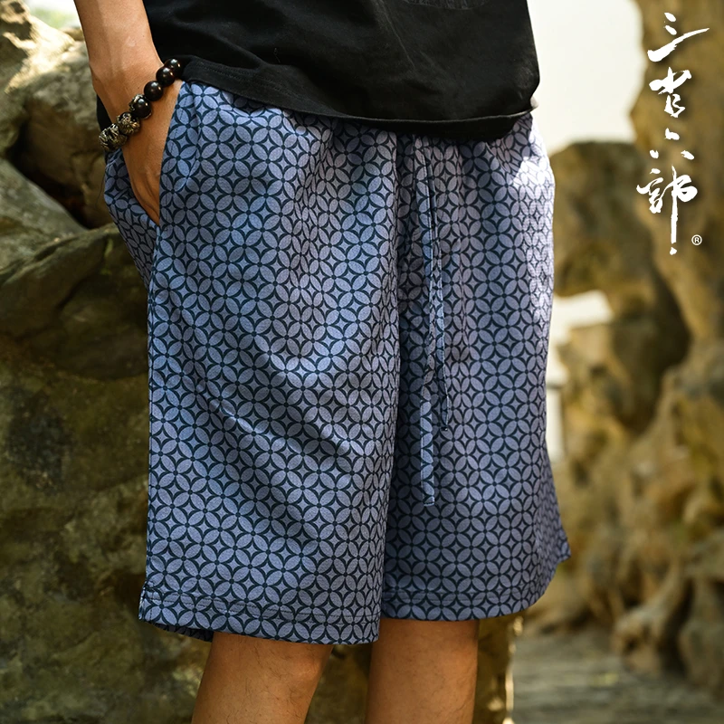 三省六部·工部【天圆地方】夏季新中式铜钱满印男士薄款中裤短裤
