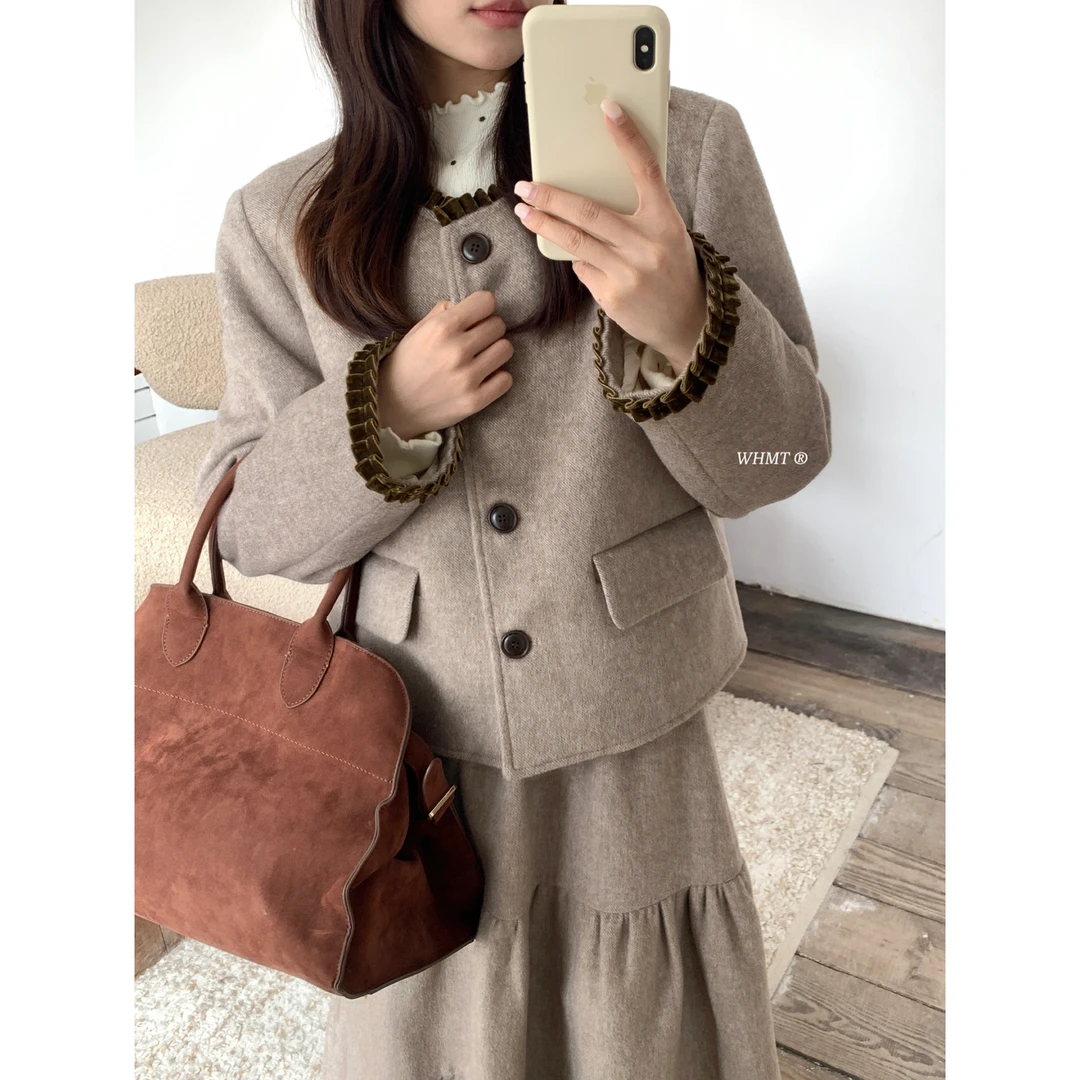 RS.WHMT-色木耳边羊毛呢羽绒外套+蛋糕半身裙套装（含55羊毛）Q16