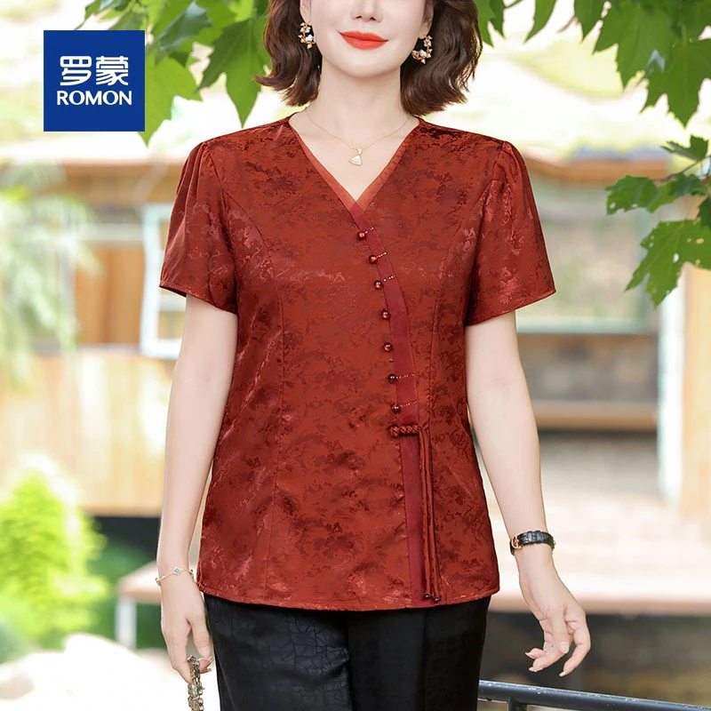 罗蒙新中式妈妈夏装短袖T恤衫2025新款中老年人女装国风小衫套装