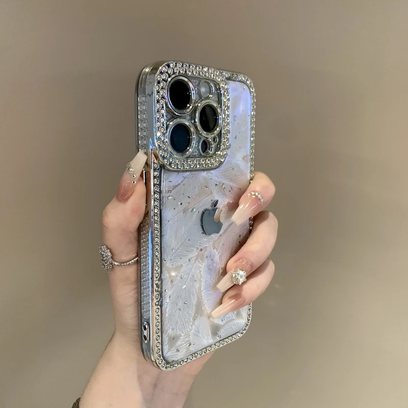 高级闪钻羽毛纹适用苹果16promax手机壳创意iPhone15全包14少女13