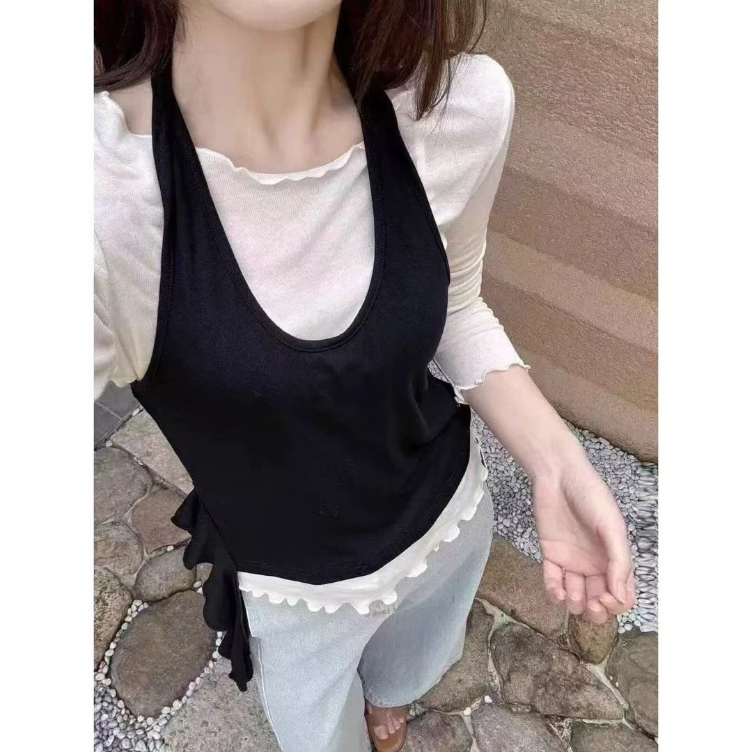 韩系显瘦木耳边挂脖上衣7850