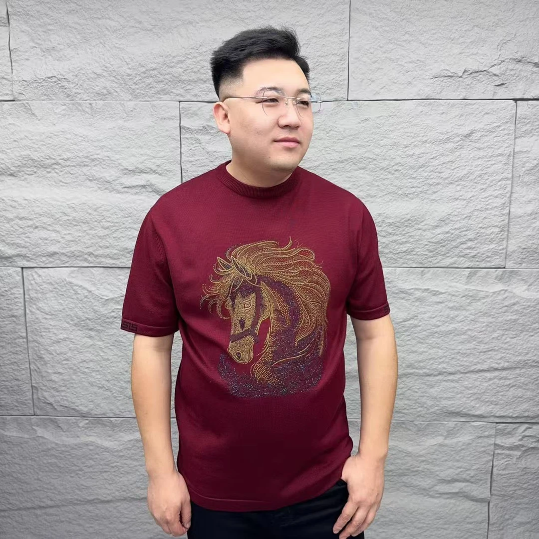 本命年针织短袖提花圆领烫钻马毛衣修身显瘦轻奢简约大码3071半袖