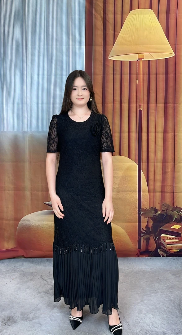 2025年爆款热卖网格压折子连衣裙