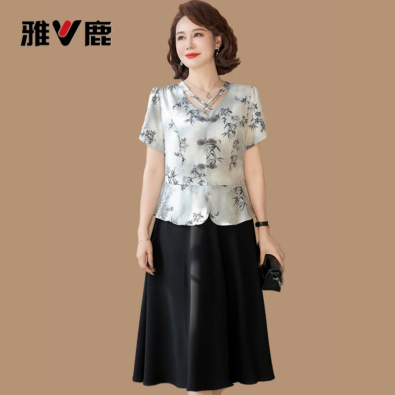 雅鹿中年妈妈夏装新款改良旗袍连衣裙女洋气妈妈裙装旗袍裙妈妈装