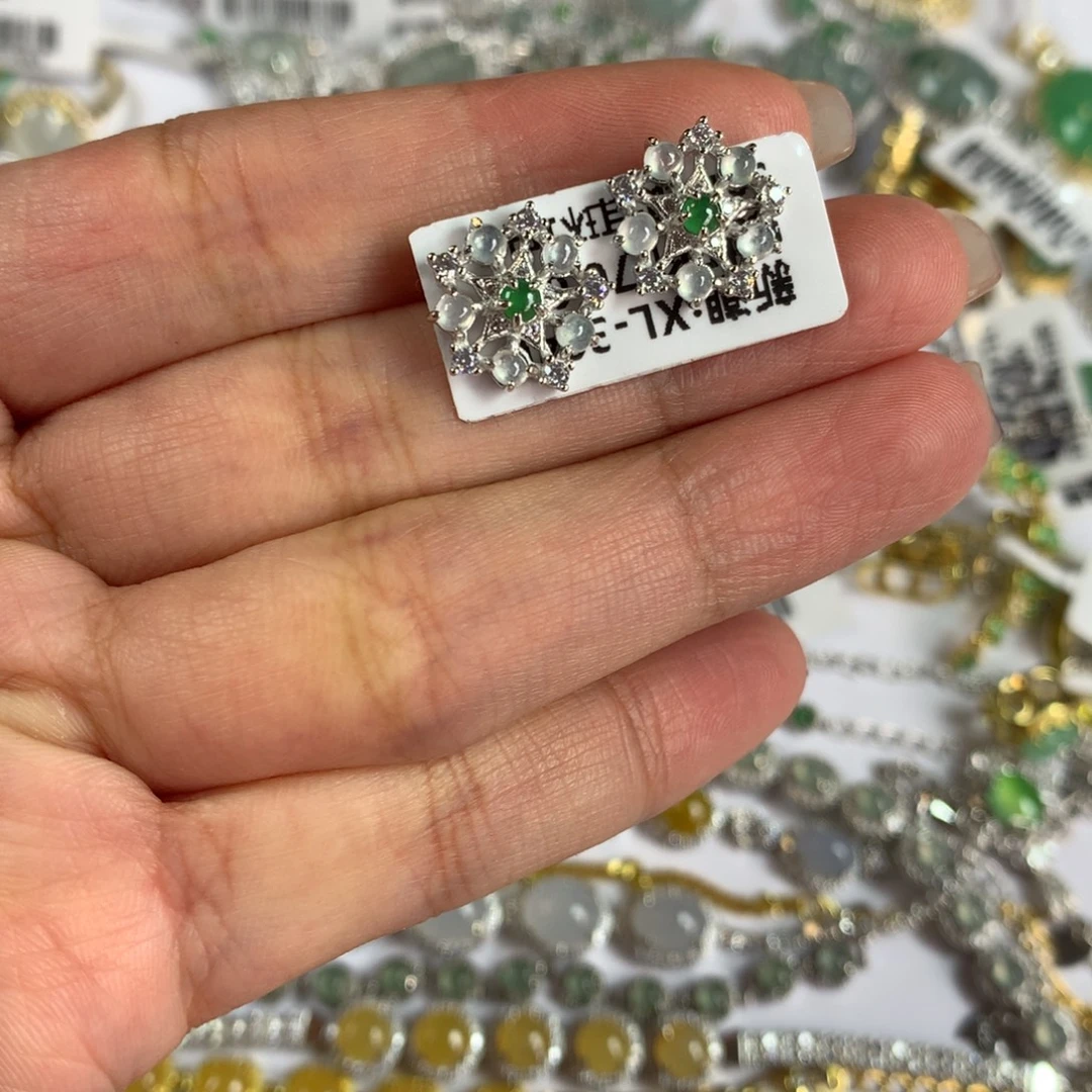 翡翠银S925镶嵌戒指耳钉