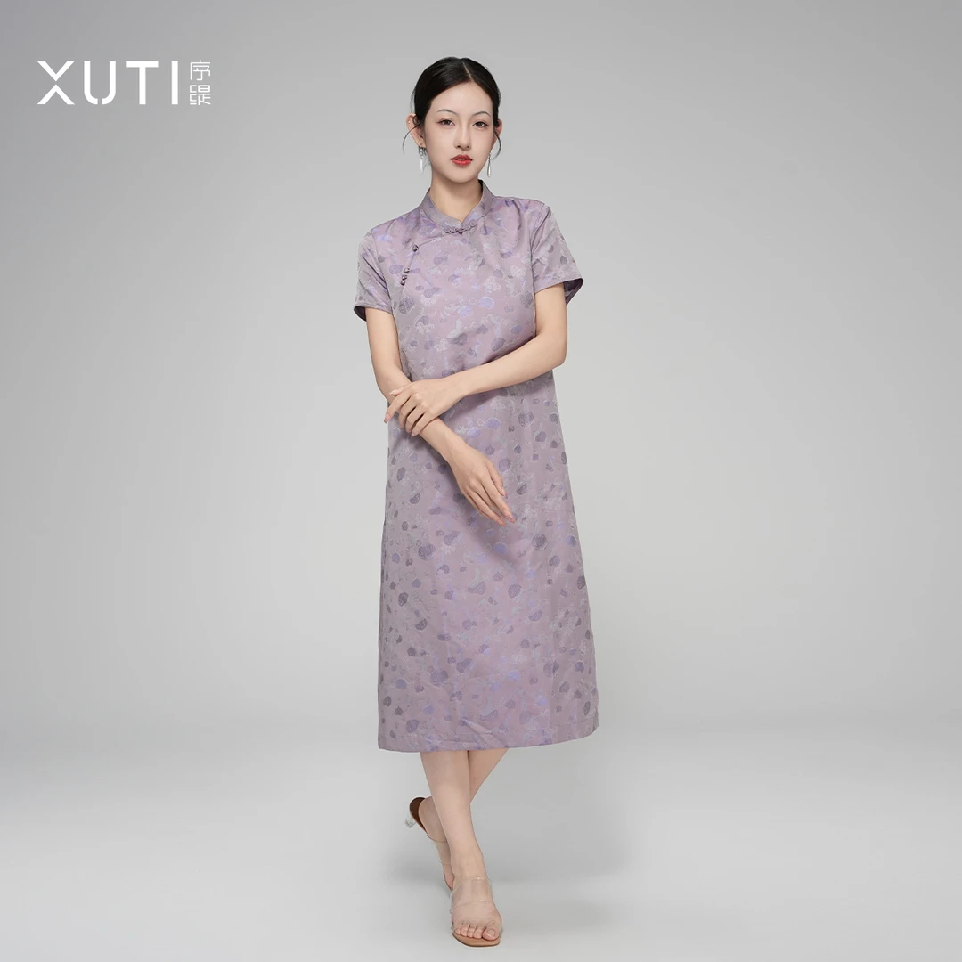 序缇『紫雾浮生』夏季复古国风新中式桑蚕丝连衣裙女J37-15232