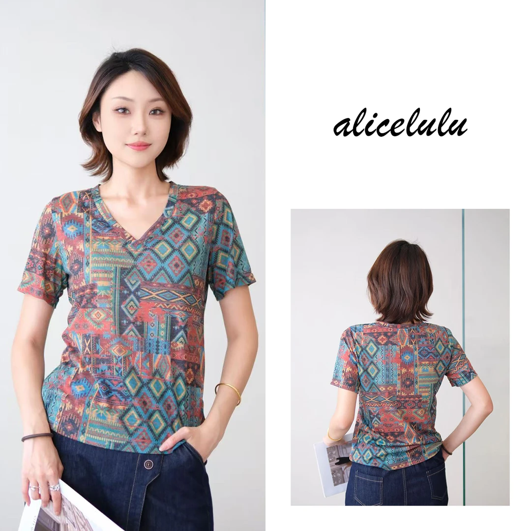 [alicelulu]民族风休闲v领印花短袖T恤时尚减龄百搭S2143690L