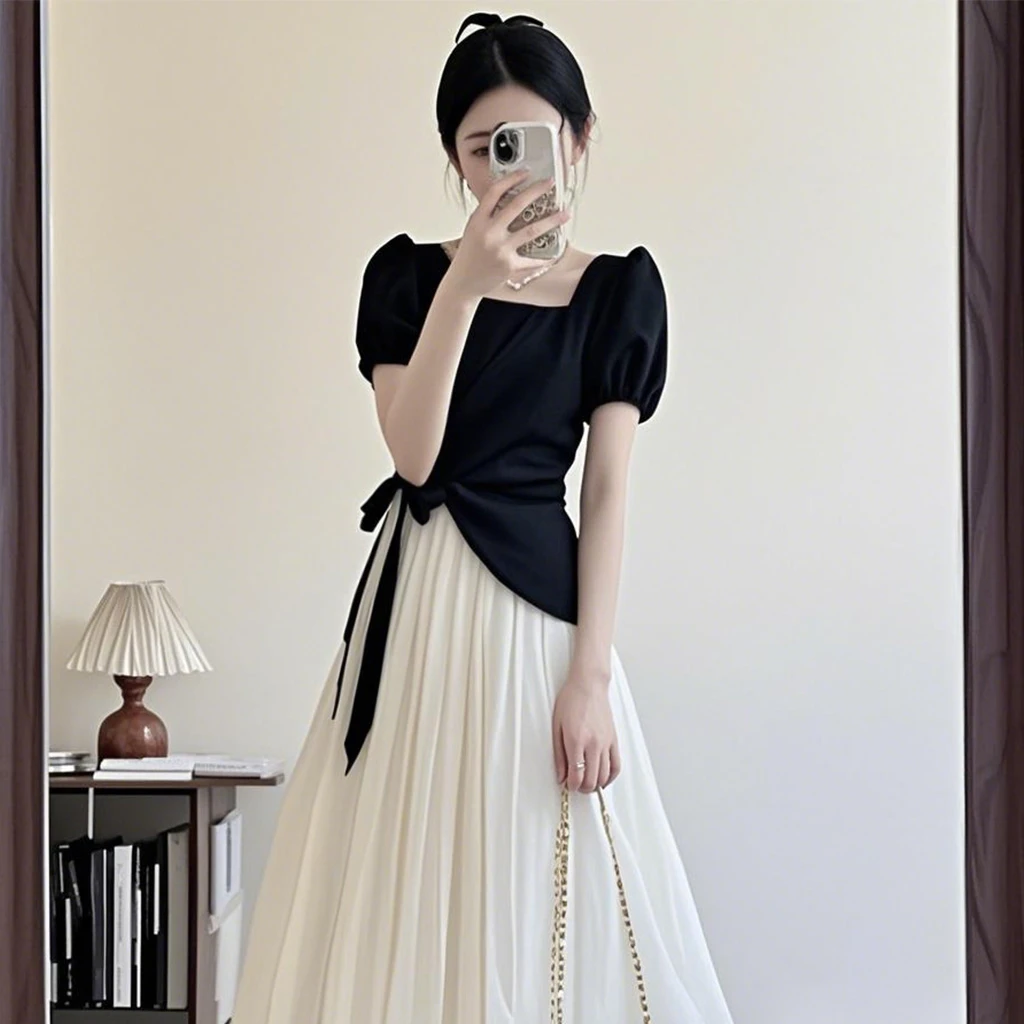 C2025夏季撞色褶皱收腰显瘦设计感裙子女气质轻奢时尚连衣裙D1662