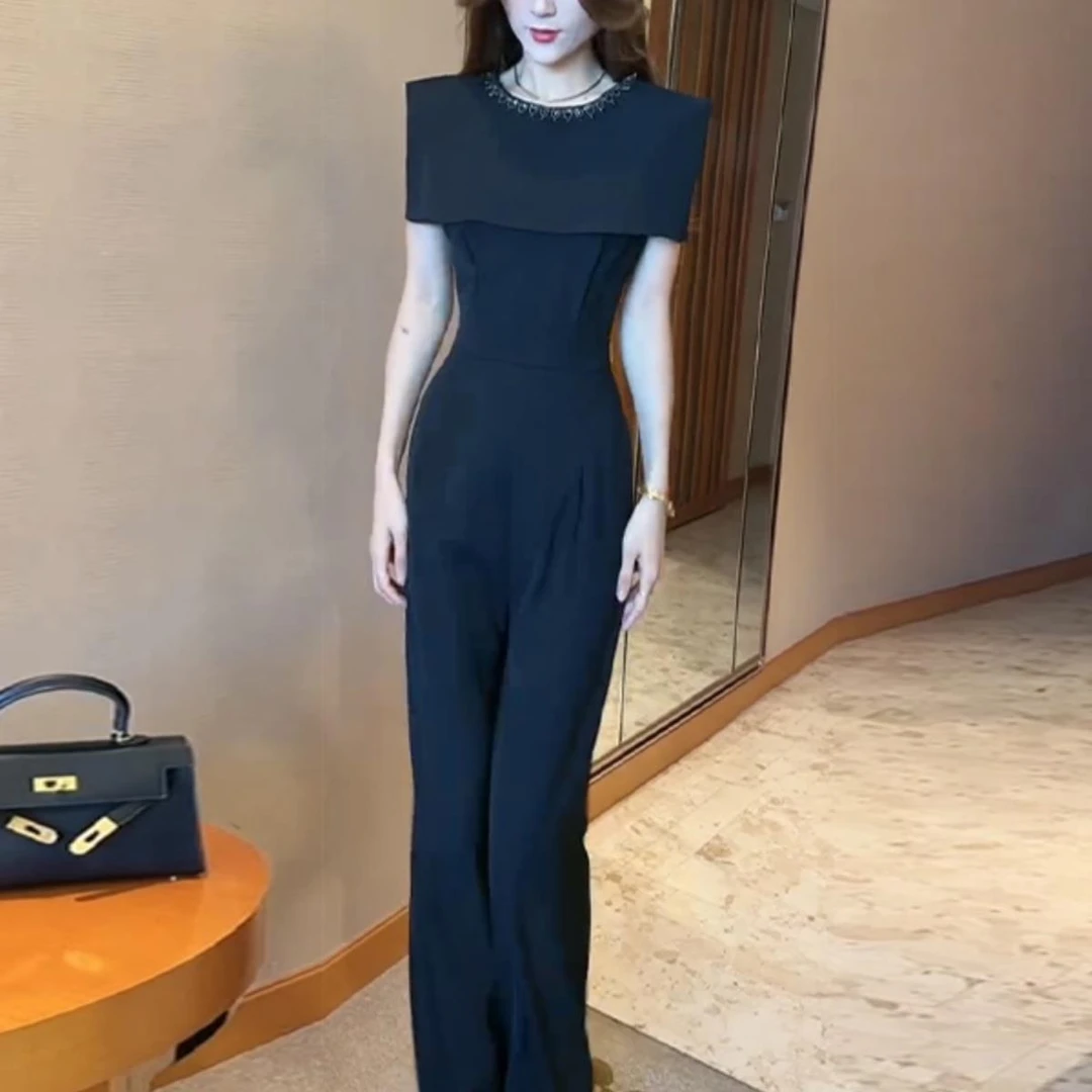 时尚重工气质披肩连体裤女黑色高级感女神范收腰阔腿连衣裤显瘦
