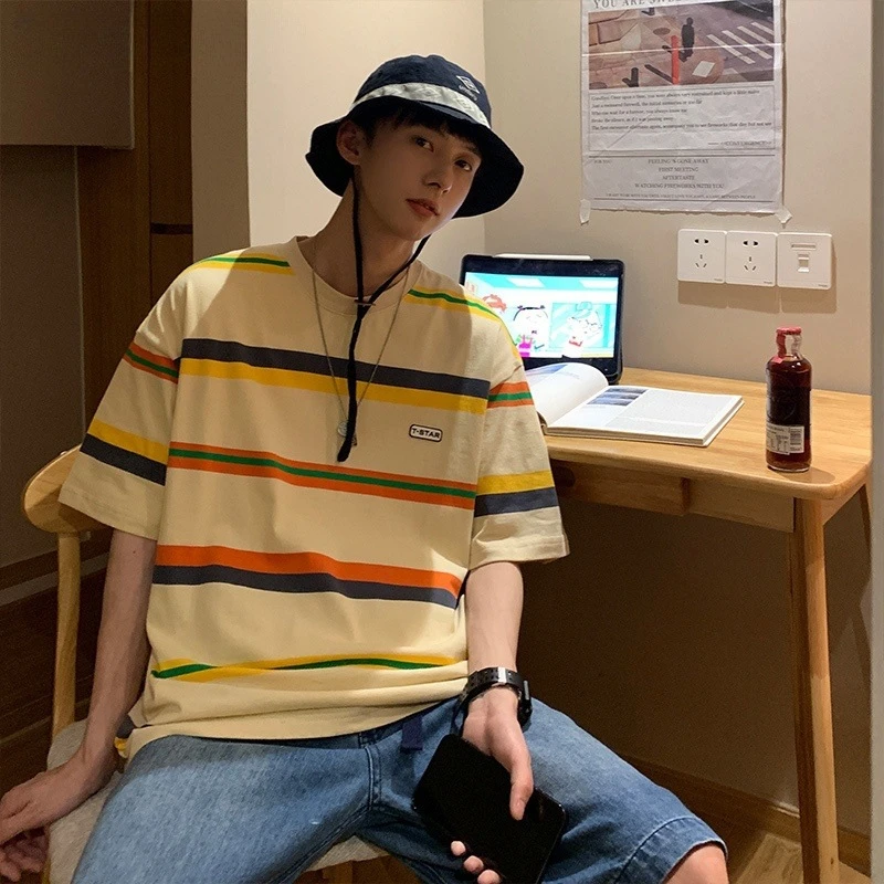 男装2025夏季新款情侣短袖T恤男宽松休闲上衣日系条纹圆领体恤