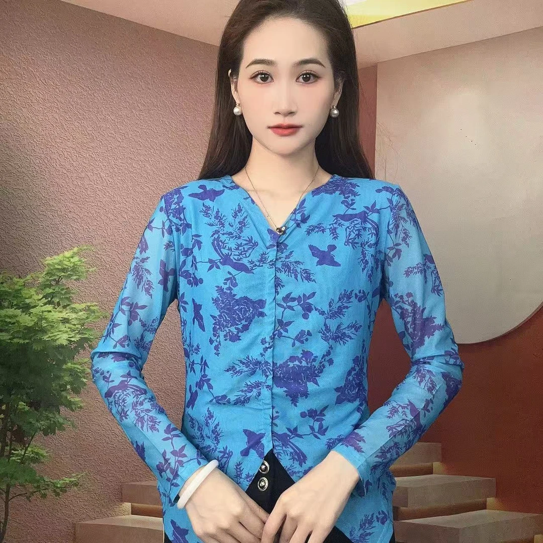 2025秋季新款长袖V领肌肤纱时尚显瘦印花T恤上衣A502