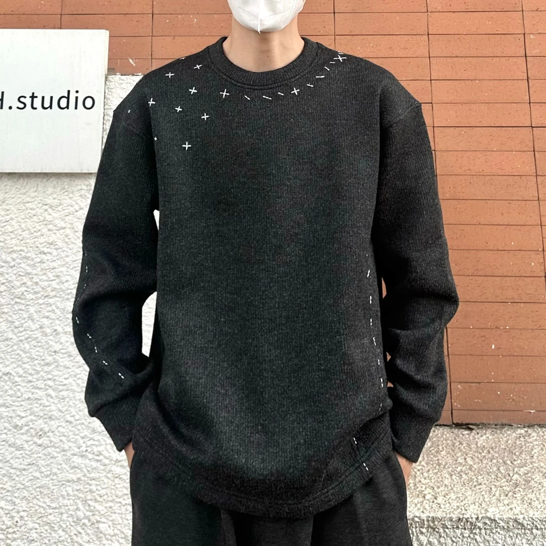 【森哥服饰】四芒星540G绵羊毛混纺针织圆领专机加绒加厚男士卫衣