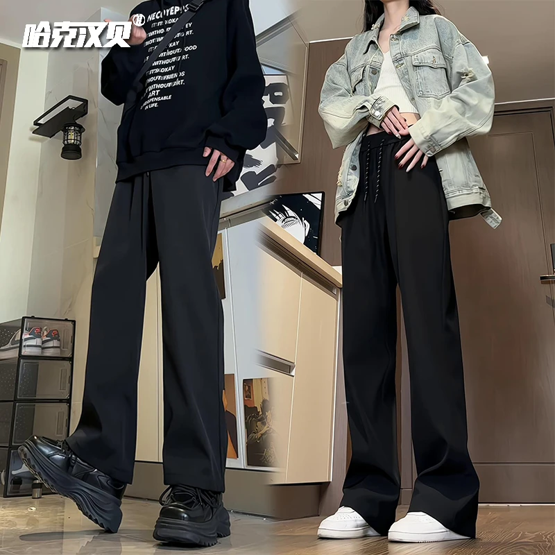 哈克汉贝秋冬季小西裤男女加绒cleanfit黑色休闲裤大码宽松直筒裤