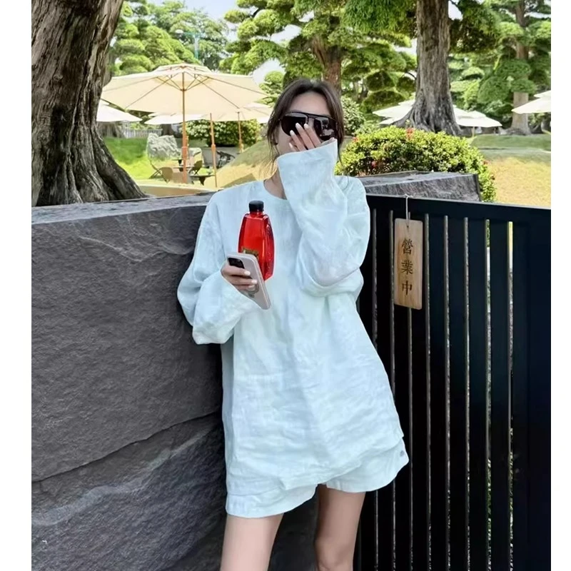 夏日出游清冷感亚麻衬衫套装女穿搭薄荷绿防晒衬衣短裤休闲两件套