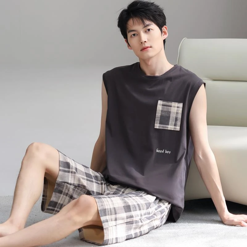 【新品】睡衣男款夏薄款纯棉背心格子短裤套装坎肩宽松可外穿家居服