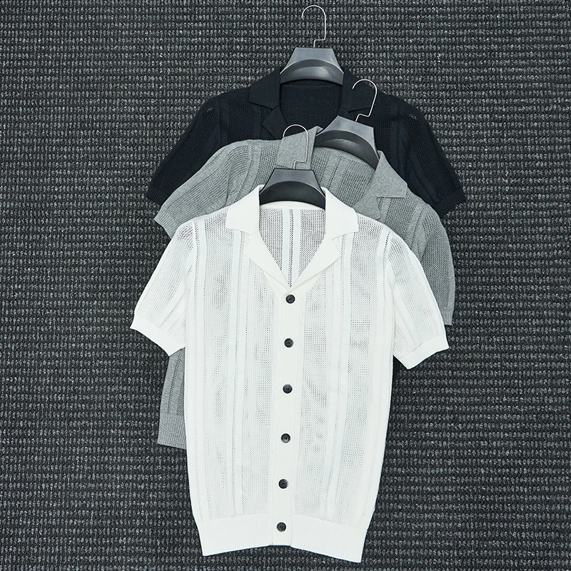 夏季意式绅装老钱风100%棉镂空针织开衫短袖男士慵懒休闲通勤T恤