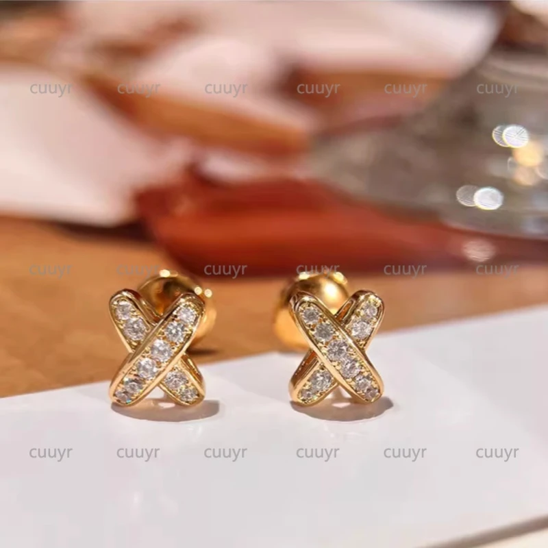 合金耳饰 cuuyr 镀K金 满钻交叉镂空X字母形状耳钉