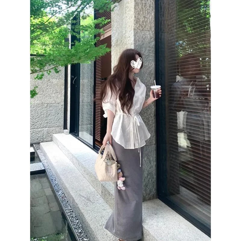 早秋新款宽松百搭简约老钱风衬衫~条纹直筒长款半身裙8011#