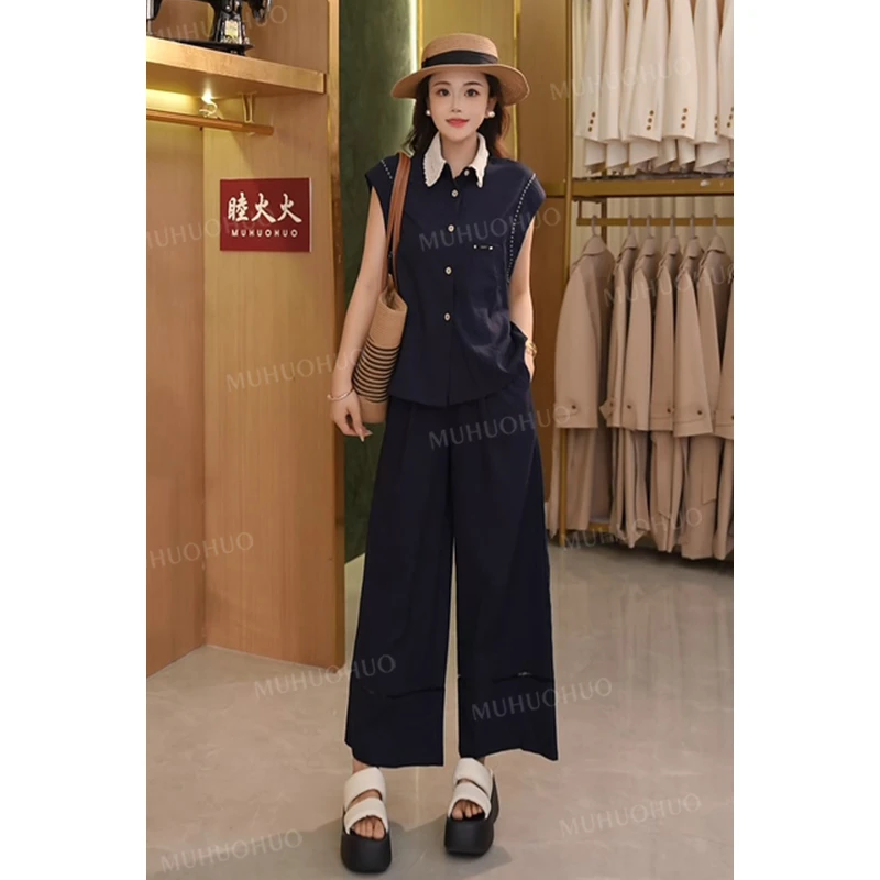 撞色翻领无袖衬衣九分裤两件套2025夏季新款财阀千金女装轻奢套装