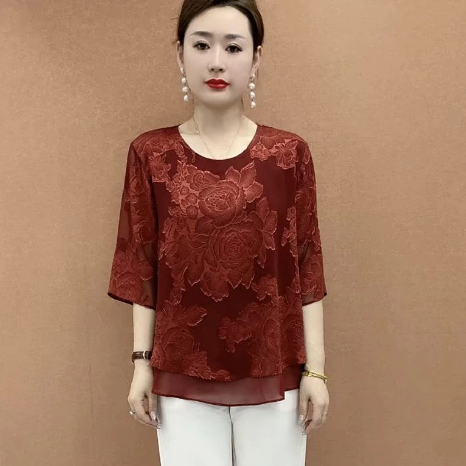 2025夏季新款时尚洋气中老年T恤圆领宽松大码妈妈遮肚减龄上衣女