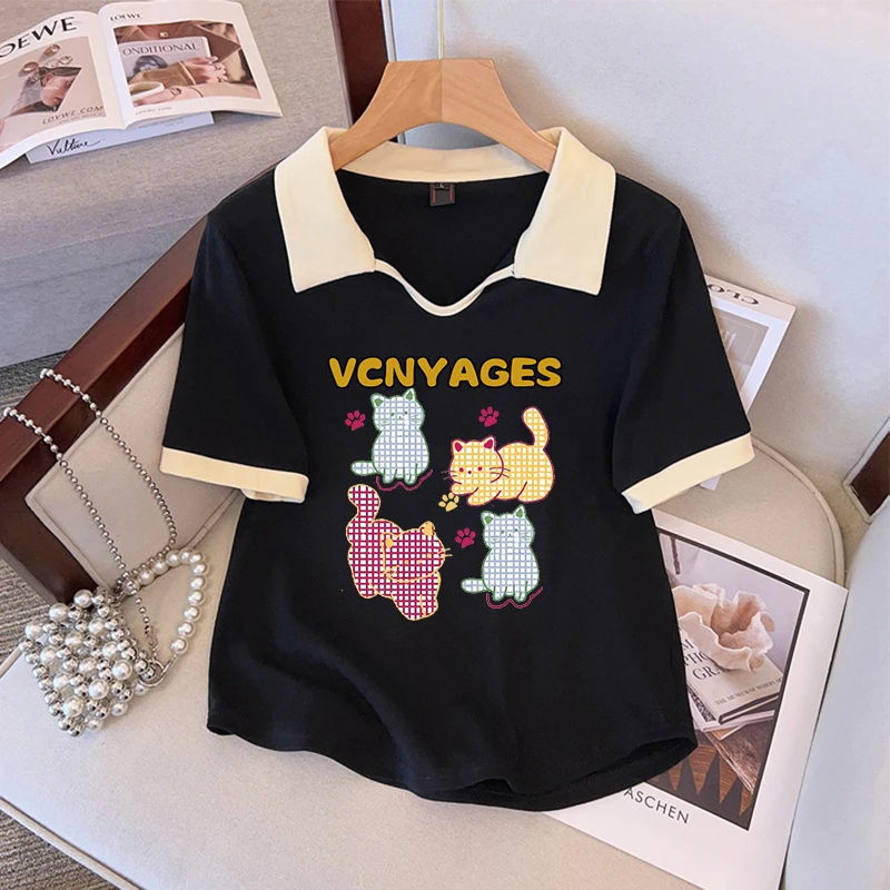 大码胖mm200斤日系chic格子印花设计感V领polo衫女夏显瘦短袖t恤