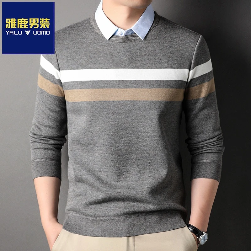雅鹿男装男士长袖t恤假两件衬衫领毛衣秋冬季保暖加绒加厚修身衫
