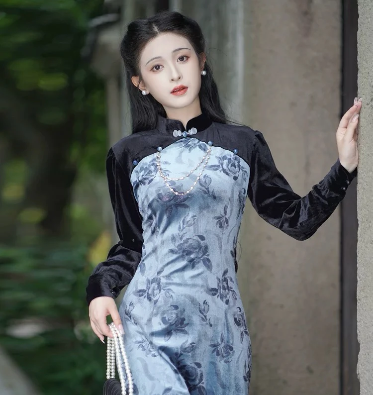 0087 蓝色 拼接 钉珠项链 美玲襟 旗袍