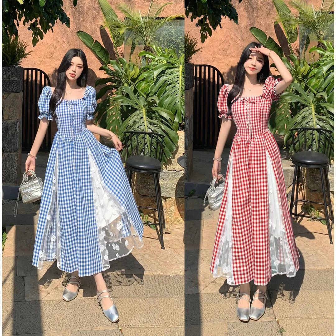 大码连衣裙女胖MM法式红白格子拼接蕾丝长裙夏季收腰显瘦连衣裙女