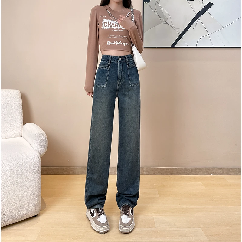 直腿神裤 做旧复古直筒牛仔裤女美式高腰显瘦拖地裤7016