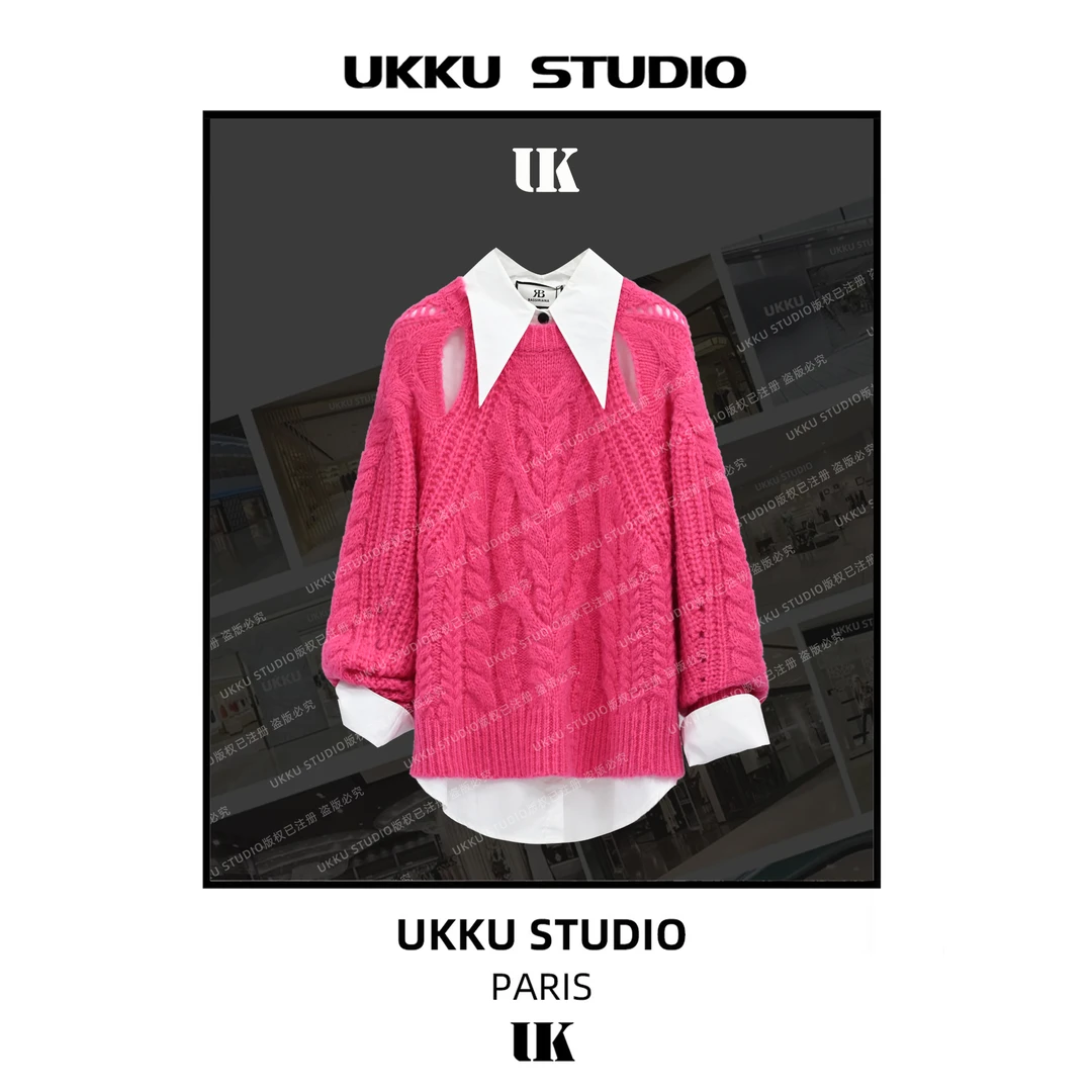 香【UKKUSTUDIO】小众高级法式高级感百搭紫色套头圆领毛衣2210337