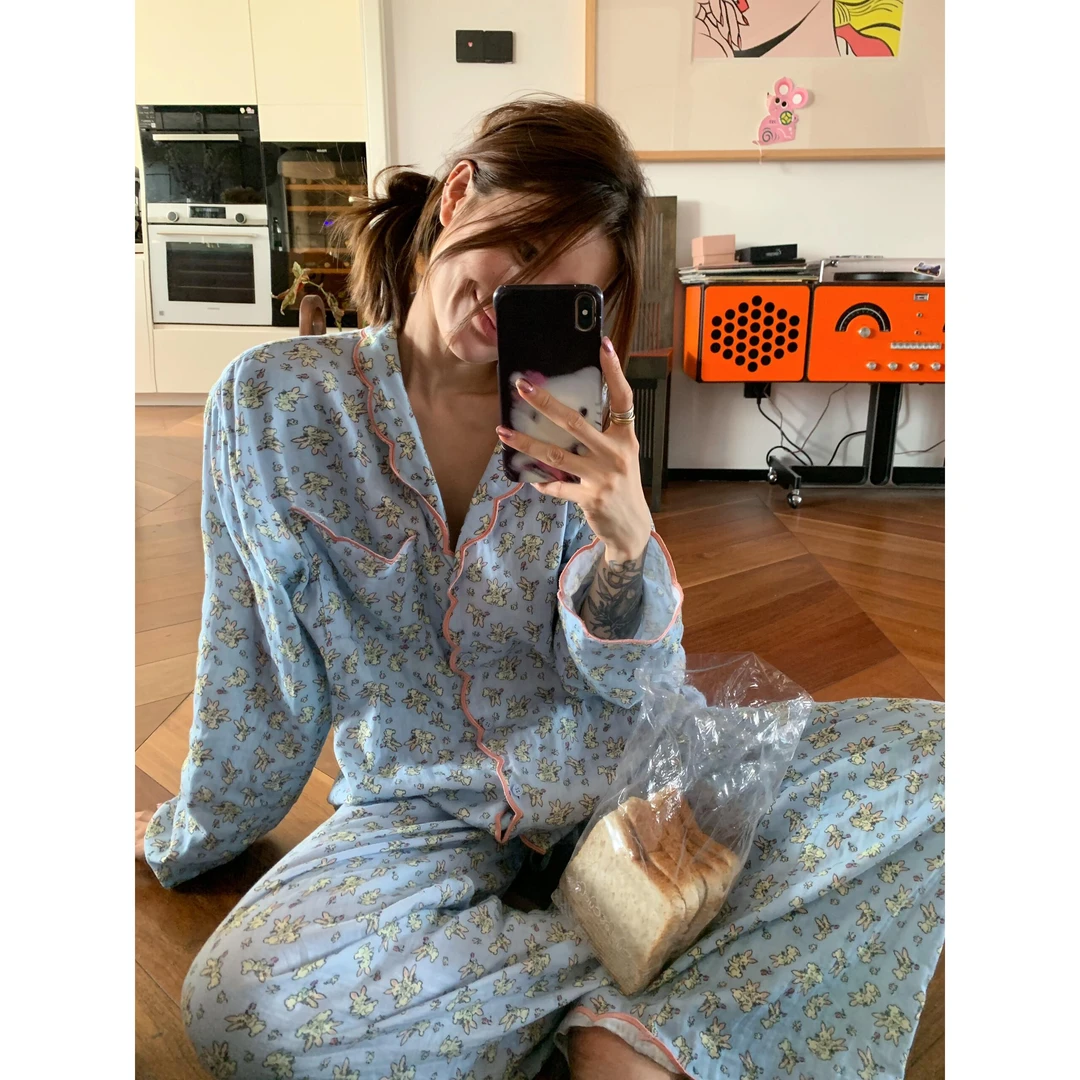 韩系慵懒风卡通印花休闲睡衣女款秋季大码长袖长裤家居服套装ins