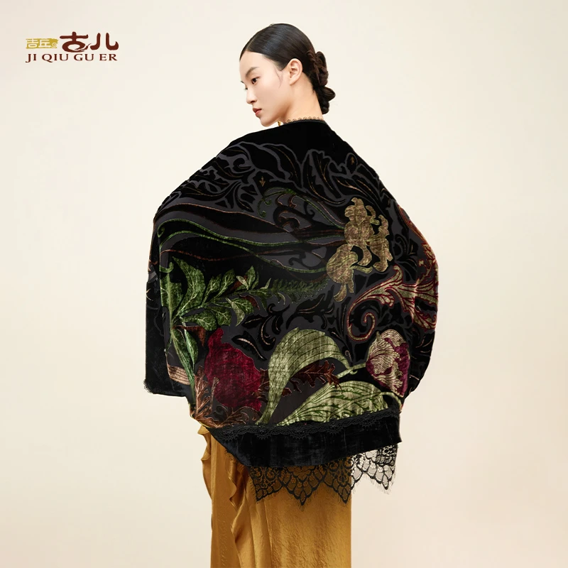 吉丘古儿丝绒印花围巾原创设计中国风时尚百搭丝巾披肩G243W006