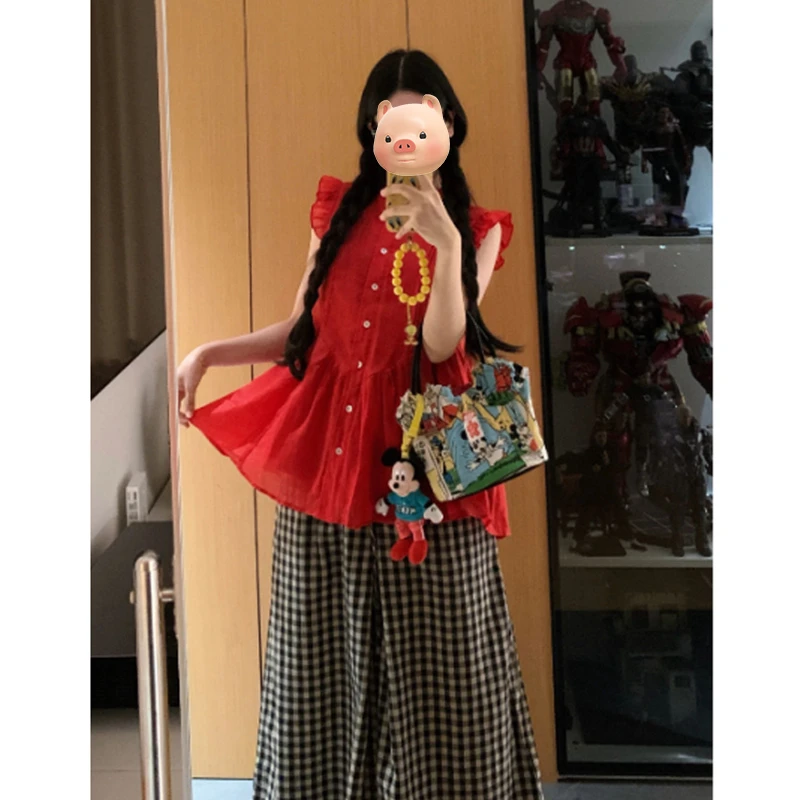 法式小飞袖红色蕾丝花边衬衫女夏季超好看独特漂亮木耳边衬衣上衣