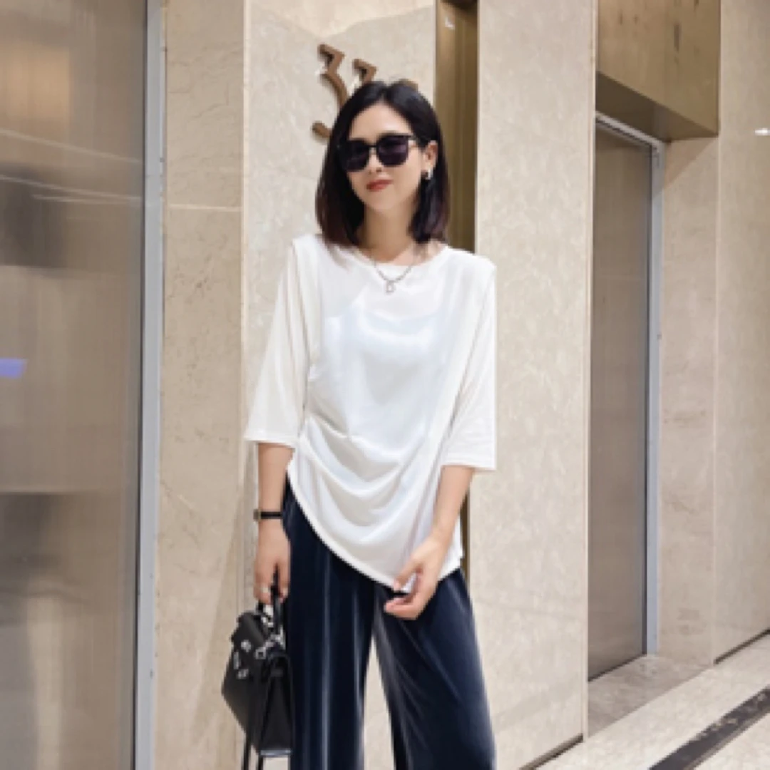 【希辰】简韩设计感西装料拼接罗马棉不规则七分袖T恤白色15236