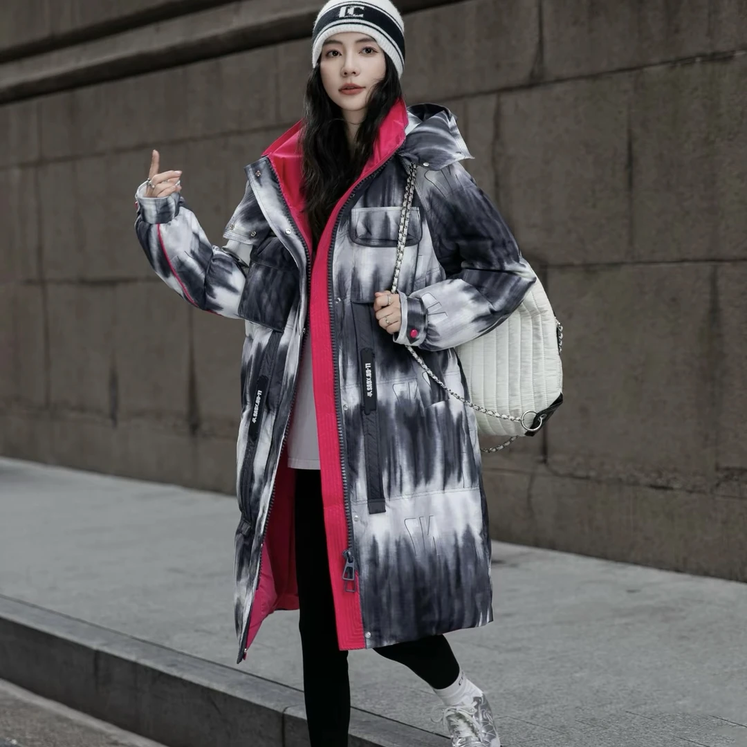 2025新款渐变羽绒服女装扎染印花加厚白鸭绒冬季超好看中长款外套