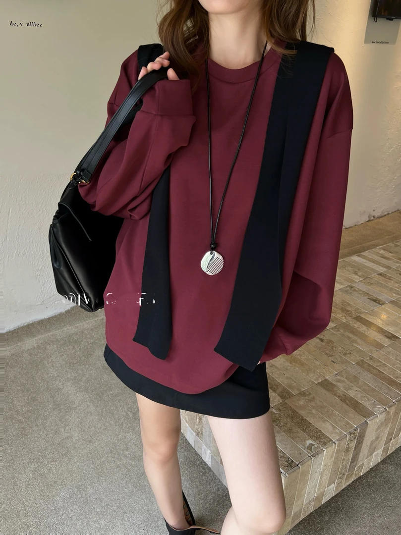 圆领披肩红色假两件长袖卫衣女上衣宽松洋气66189