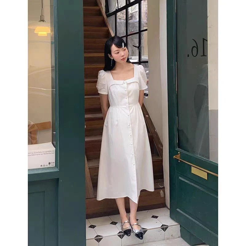 478#法式复古方领衬衫连衣裙女2025夏季新款收腰中长裙白色气质