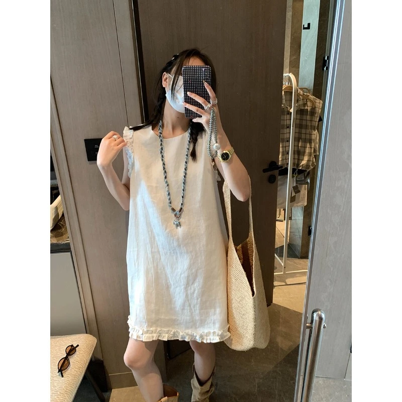 小个子木耳边摩假日遐想0583白色连衣裙100气质且背心拼接亚麻